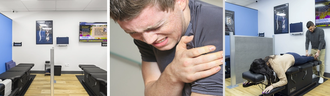 Clinic interior featuring treatment tables, educational spine posters, and a patient receiving care.